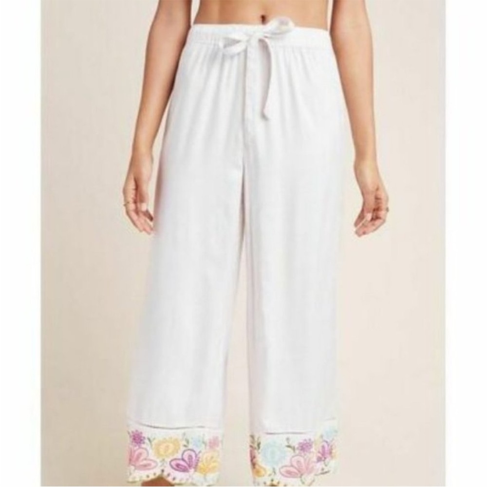 Anthropologie Pennbrooke Wide Leg Crop Pants Boho‎ Embroidered White Medium
